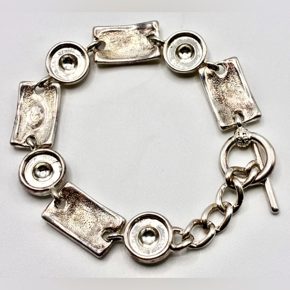 Vintage Premier Design Bracelet Fleur D' Lis Disc Silver Plate Toggle 8” Inches